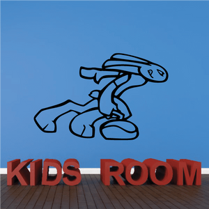 Curling bunny player decal with black outline, blue figure in curling pose