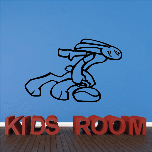 Curling bunny player decal with black outline, blue figure in curling pose