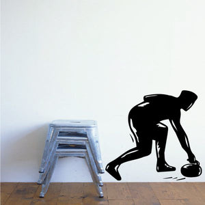 Curling player decal sticker with black silhouette holding a curling stone