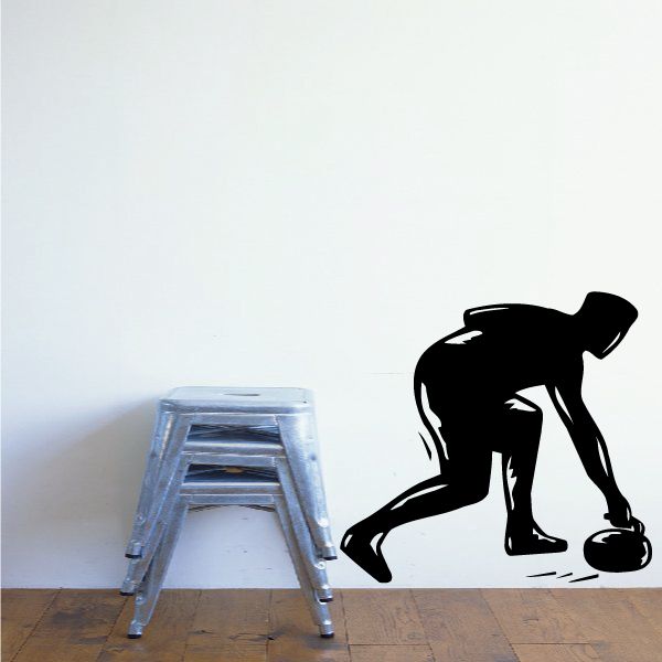 Curling player decal sticker with black silhouette holding a curling stone