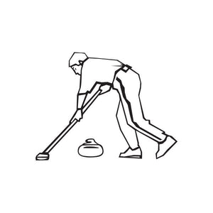 Curling player wall decal in black-and-white line art, sweeping with a broom and stone