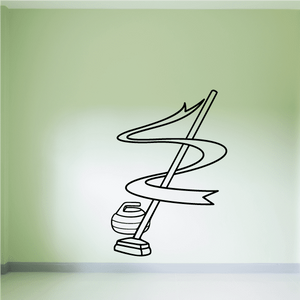 Curling stone and broom scroll wall decal, black line art