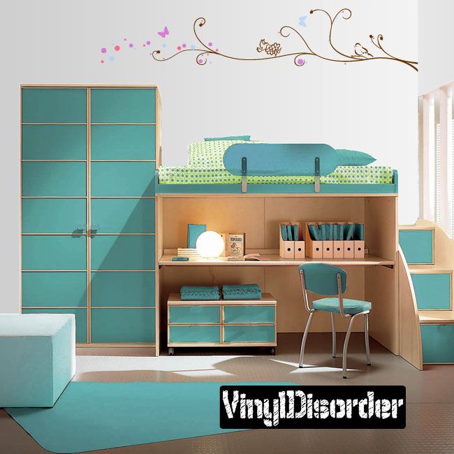 Vinyl wall decal with curly branch, small butterflies, and colorful swirl accents