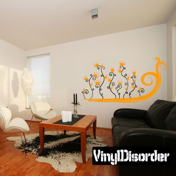 Orange curly vine wall decal with small flowers