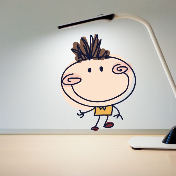 Cartoon boy sticker with curly brown hair, yellow shirt, blue pants, red shoes