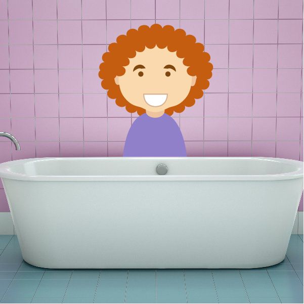 Curly brown haired child sticker with a smiling cartoon face