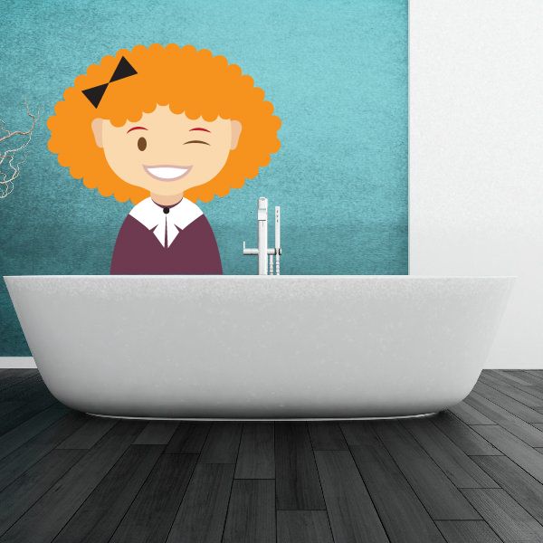 Cartoon red-haired curly girl sticker, winking with orange hair and dark outfit