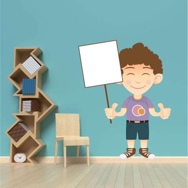 Cartoon sticker of curly haired boy in purple shirt, dark shorts, holding blank sign