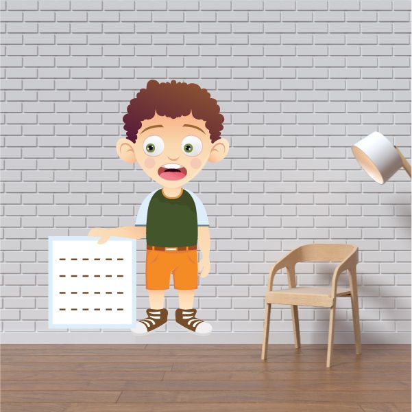 Cartoon boy sticker with curly hair holding a sign with dashed lines