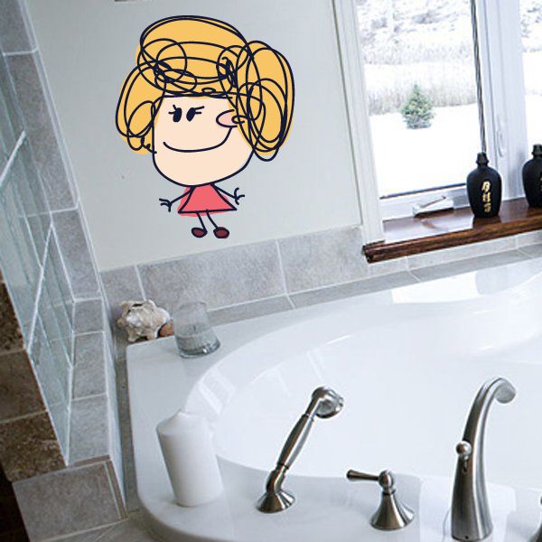 Cartoon curly haired girl sticker with glasses, pink skirt, orange hair