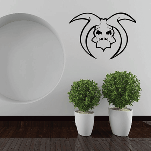 Curved horn skull mask decal sticker with black and white demon face illustration