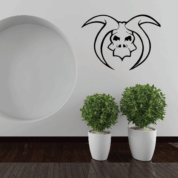 Curved horn skull mask decal sticker with black and white demon face illustration
