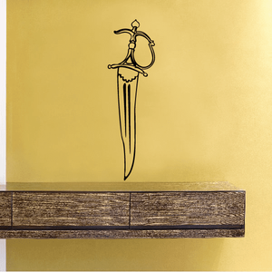Curved sword decal with ornate hilt, black outline