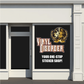Die-cut logo decal on dark surface: gold crest, red/white text, 'YOUR ONE-STOP STICKER SHOP!'