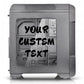 Computer tower custom decal: dark gray tower front with black custom text