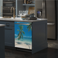 Dishwasher vinyl wrap sticker with tropical beach and palm tree graphic on front panel