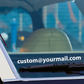 Custom email address decal with white text custom@yourmail.com on blue window
