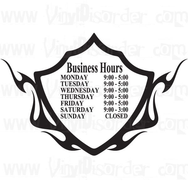 Custom Flaming Crest Store Business Hours Decal