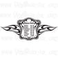 Flaming business hours store decal, black with white schedule text and outlined badge