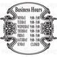Circular floral business hours decal with Business Hours and weekday times in black