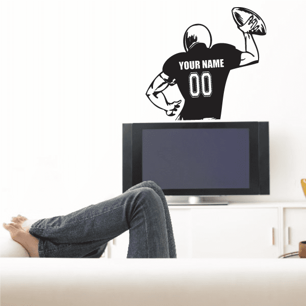 Custom football quarterback decal: black player silhouette with YOUR NAME and 00