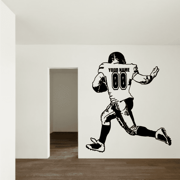 Football running back decal with YOUR NAME and 00, runner pose