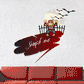Halloween werewolf character decal with bats and full moon, red-and-black design