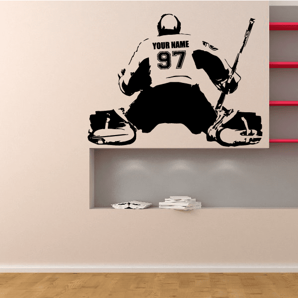 Hockey goalie wall decal with black silhouette, number 97 and Your Name text