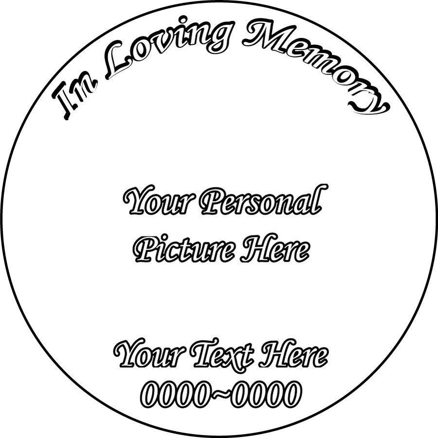 Circular memorial sticker with 'In Loving Memory' and 'Your Personal Picture Here'