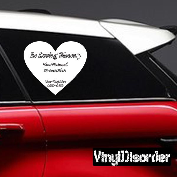 Memorial heart car window sticker with “In Loving Memory” text