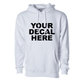 Single-color iron-on decal on light gray hoodie, front chest with bold text