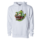 Light gray hoodie with colorful custom iron-on graphic sticker on chest