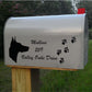 White mailbox with black vinyl decal letters, dog silhouette, paws, and address text