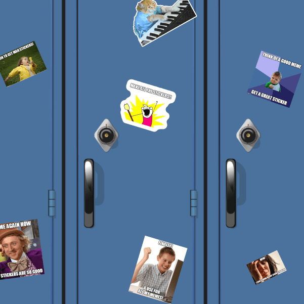 Set of custom meme stickers with colorful characters and bold text