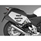 Custom motorcycle text decal reading 'YOUR CUSTOM TEXT' on a side panel