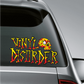 Custom printed die cut decal with multicolor vinyl lettering and skull graphic on car