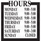 Square business hours decal with Mon–Fri 9:00–5:00, Sat 9:00–3:00, Sun closed