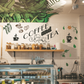 Coffee and tea wall decal with cups, coffee beans, and lettering