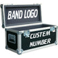 Hard-shell band equipment case with black panel, custom number and logo on side