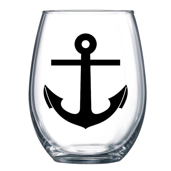 Beer mug with black anchor graphic on clear glass