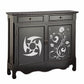 Wooden dresser with two drawers and two cabinet doors, dark finish, graphic panels.
