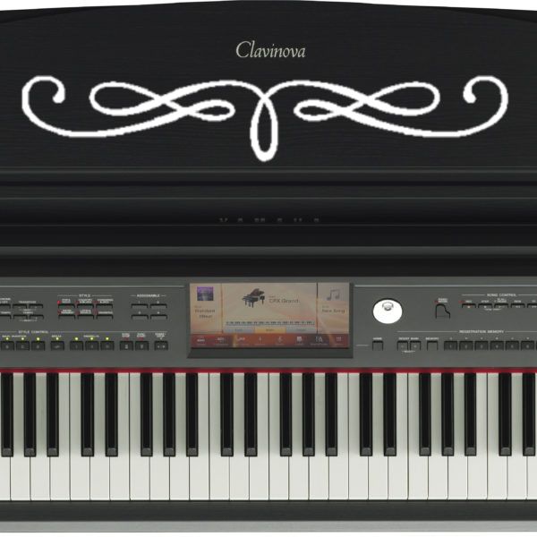 Black electronic keyboard with white decorative script and visible keys