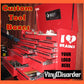 Red tool box with multiple metal drawers and open compartments