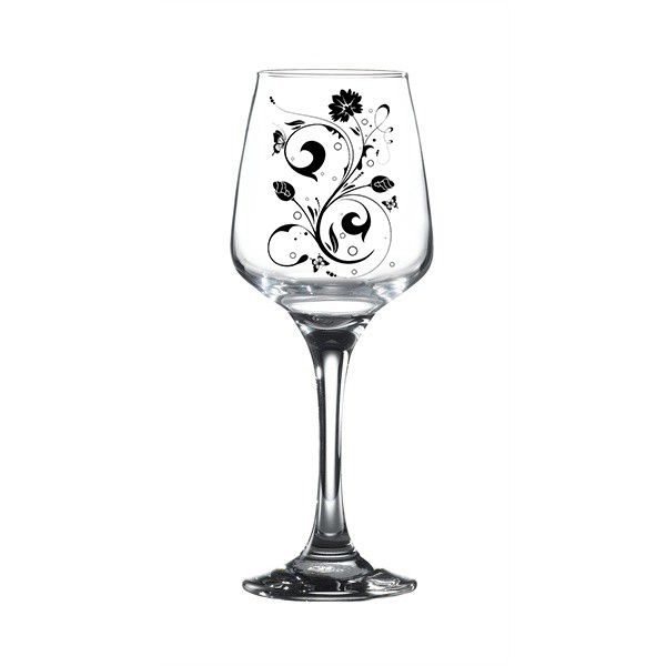 Wine glass with black floral swirl design on clear stemmed cup