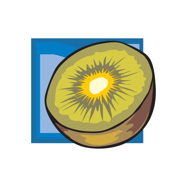 Kiwi fruit slice sticker with yellow-green sunburst seeds