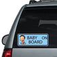 Baby on Board car sticker with cartoon baby boy, blue text and border