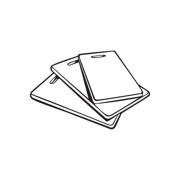 Cutting board decal with three overlapping board outlines, simple black line art