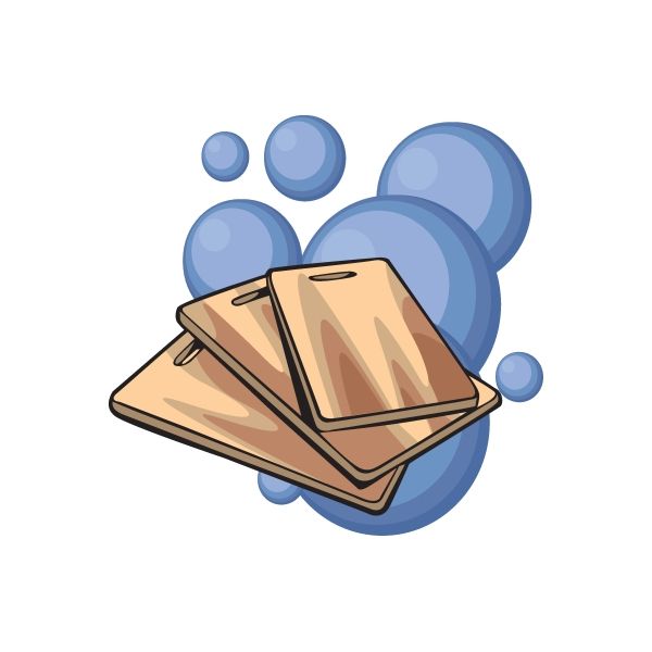 Cutting board sticker with stacked tan boards in black outline over a blue heart