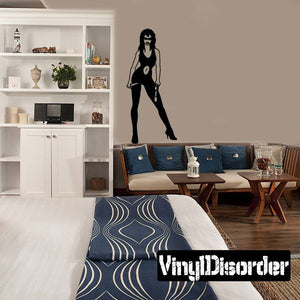 Cyberpunk female thief decal of a black silhouette woman standing with long hair