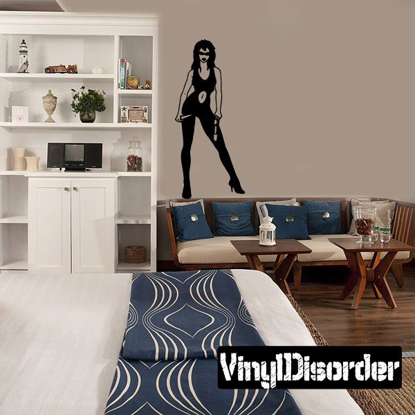 Cyberpunk female thief decal of a black silhouette woman standing with long hair